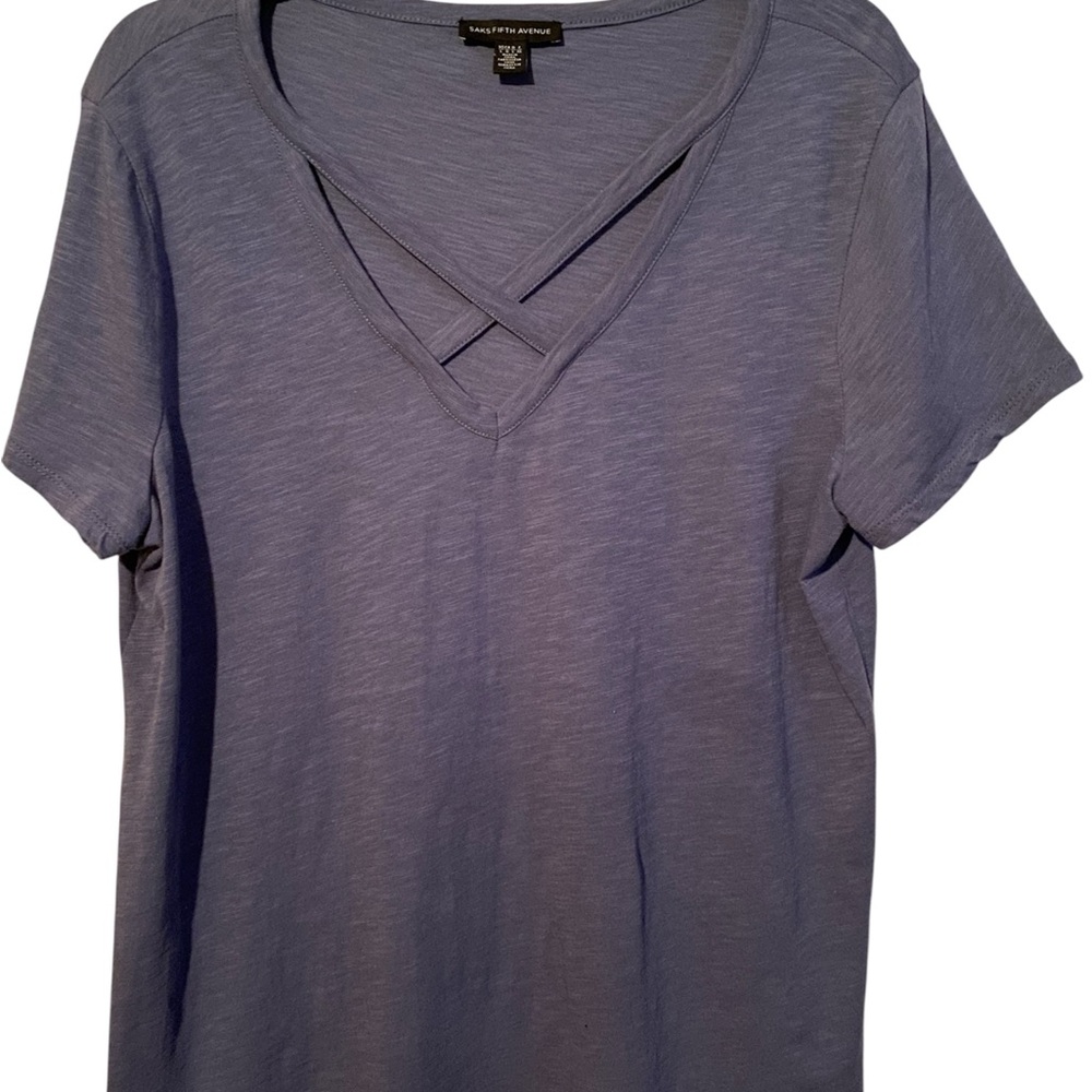 Saks Fifth Avenue Slate Blue Crisscross V-Neck Tee